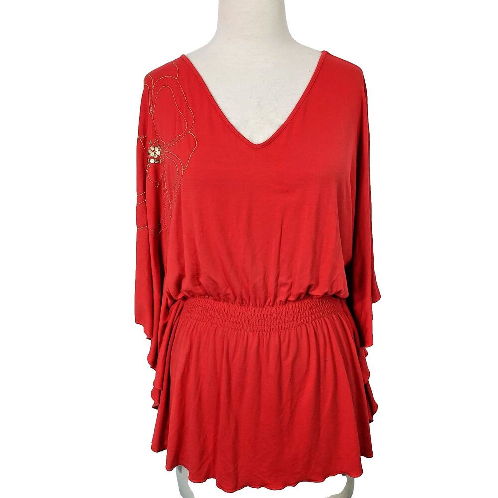 Fashion Bug Shirt Embellished Batwing Sleeve Butter Soft Red Stretch Top 1X 2X